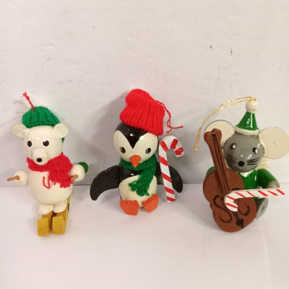 3 Vintage 80's R Dakin Wooden Ornaments Beat, mouse, Penguin Taiwan